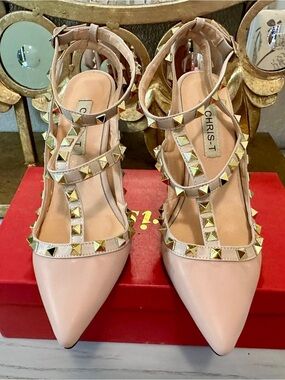 Designer Inspired Studded Cage Heels Nude Pointed Toe Stiletto Pumps Size [7.5]